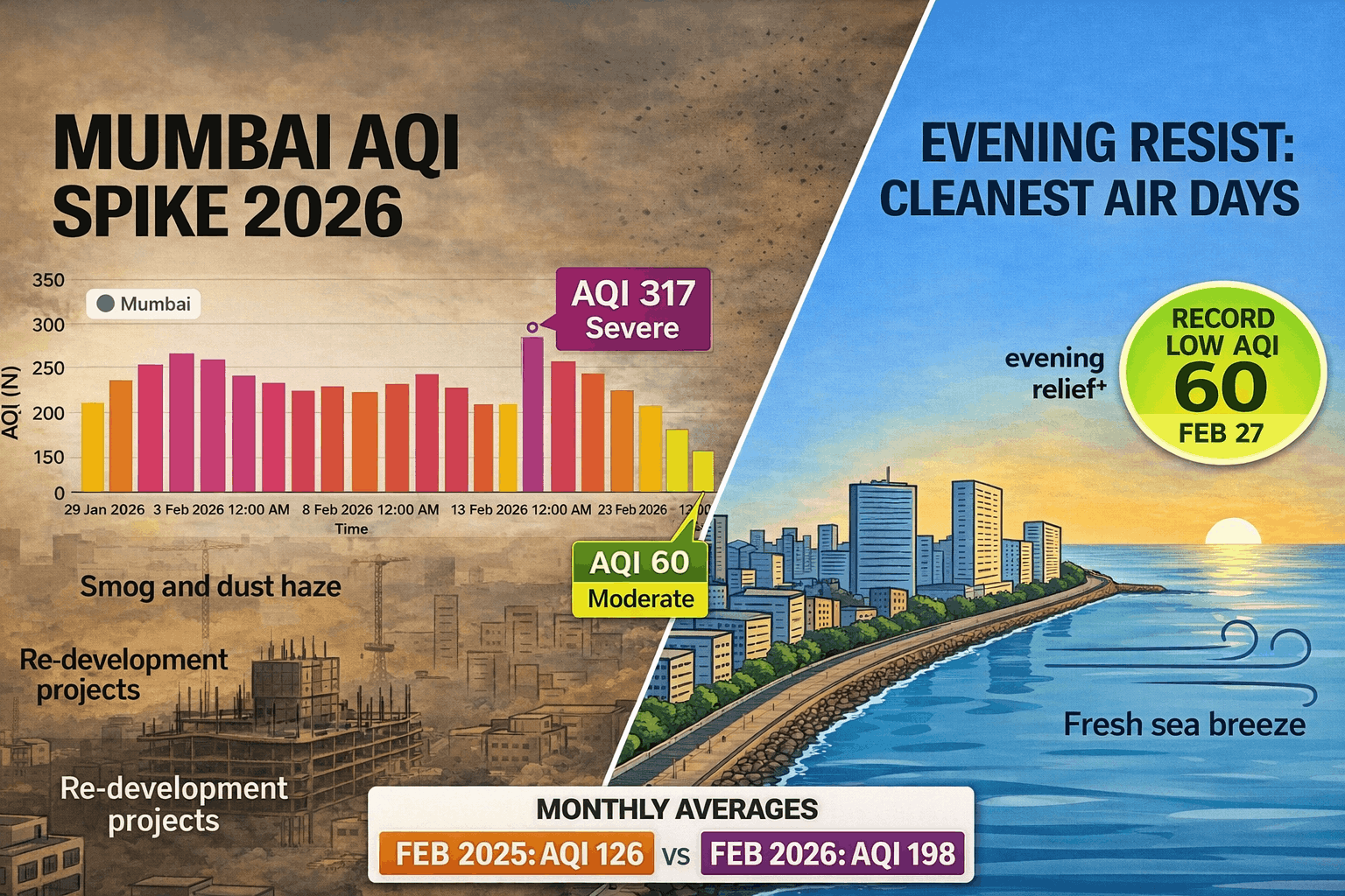 Mumbai AQI 2026: Feb 18, 26, and 27 Record Lowest Air Pollution Levels
